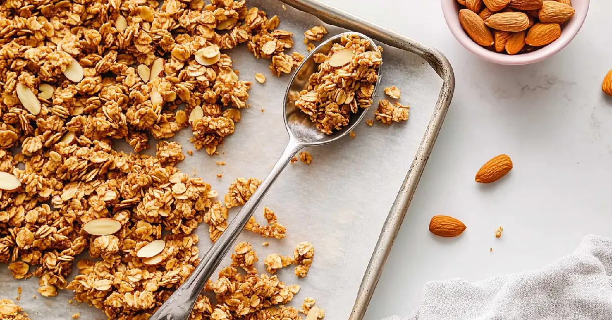 Close-up of freshly baked vanilla almond granola on a baking sheet, with a spoon scooping up some, and a small bowl of whole almonds on the side.