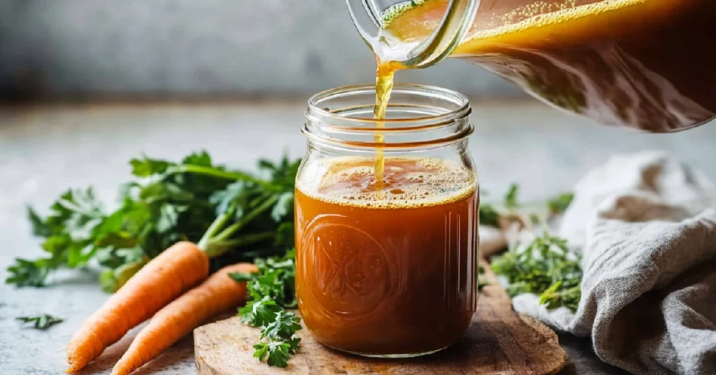 Pouring Homemade Broth into a Jar