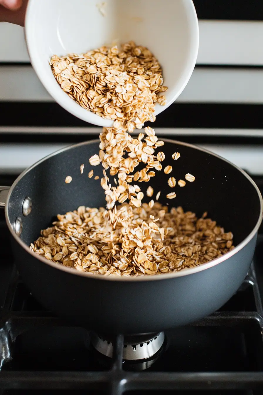 Pouring oats from a bowl into a saucepan on a stovetop to make granola.