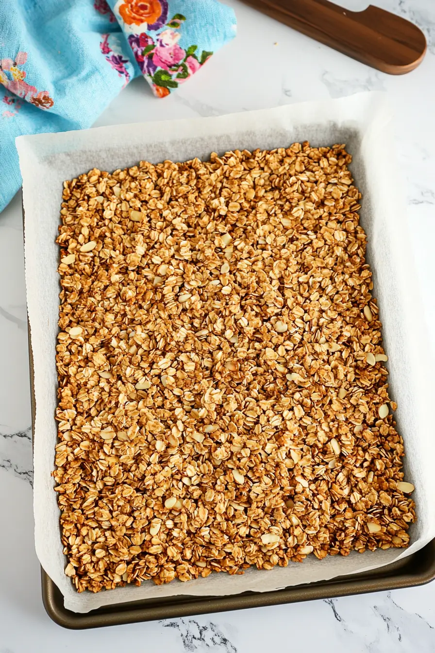 Baked granola with almonds cooling on a parchment-lined baking sheet, with a floral oven mitt and towel in the background.