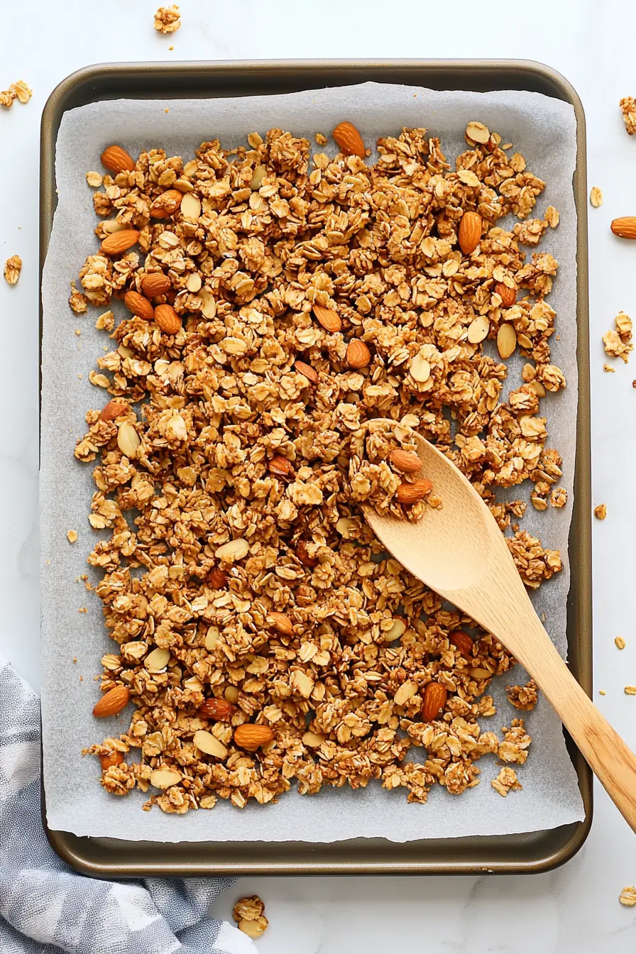 Freshly baked granola with almonds on a baking sheet, with a wooden spoon for mixing