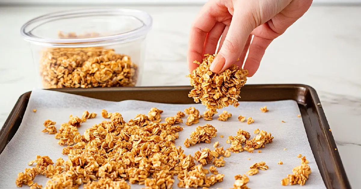 Breaking granola chunks into smaller pieces from a baking sheet and adding them to a container