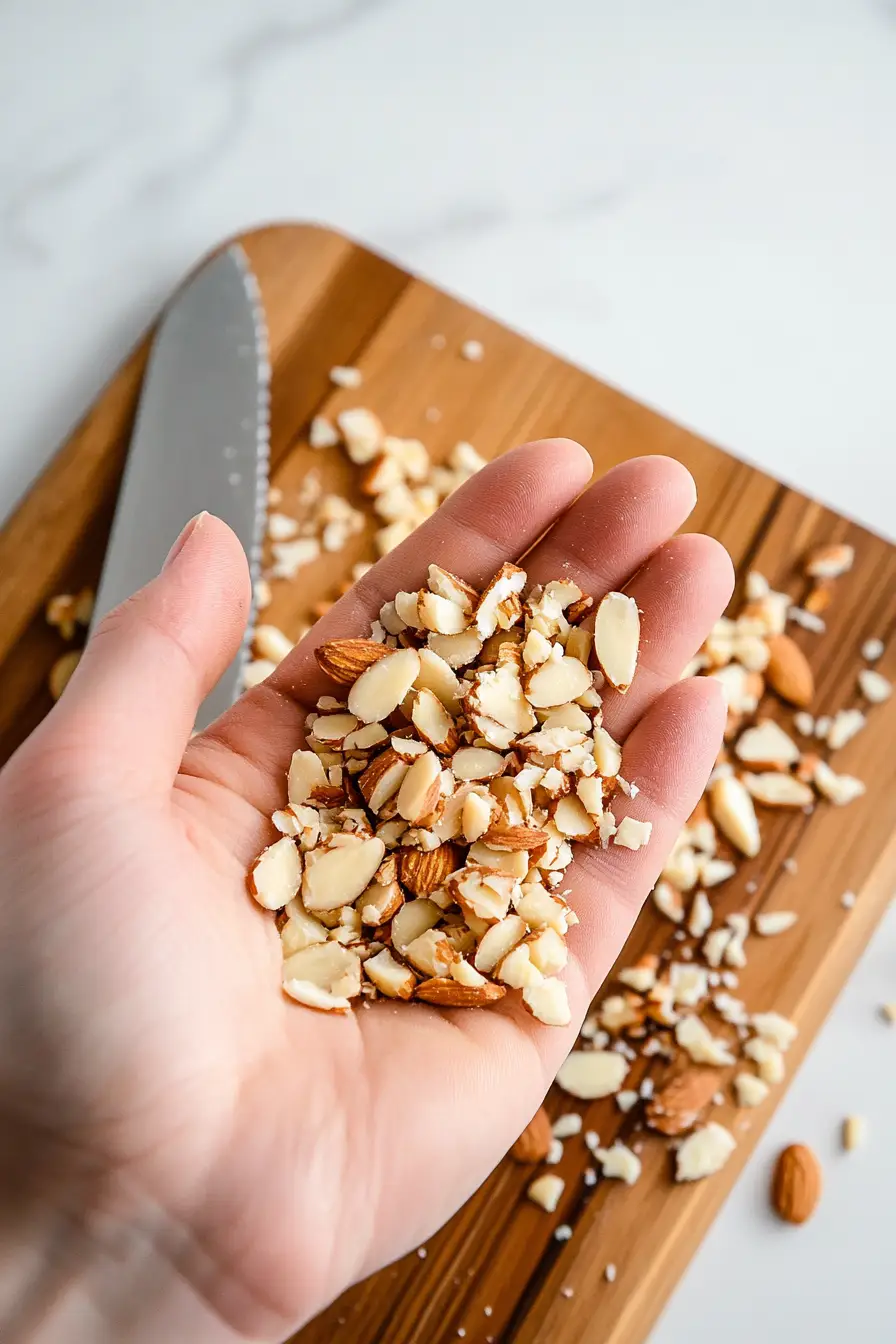 Hand holding freshly chopped almonds above a cutting board with more chopped almonds and a knife