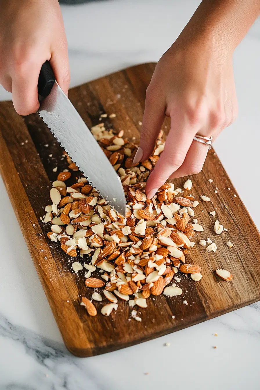 Hand using a chef's knife to chop almonds on a wooden cutting board with scattered almonds around