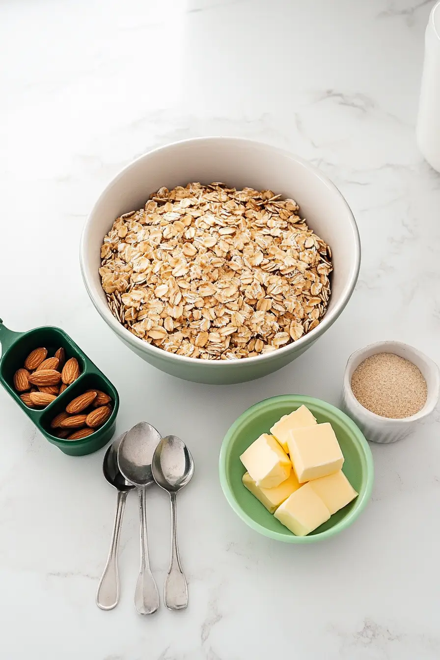 Ingredients for vanilla almond granola: oats, almonds, butter, brown sugar, and measuring spoons on a marble countertop