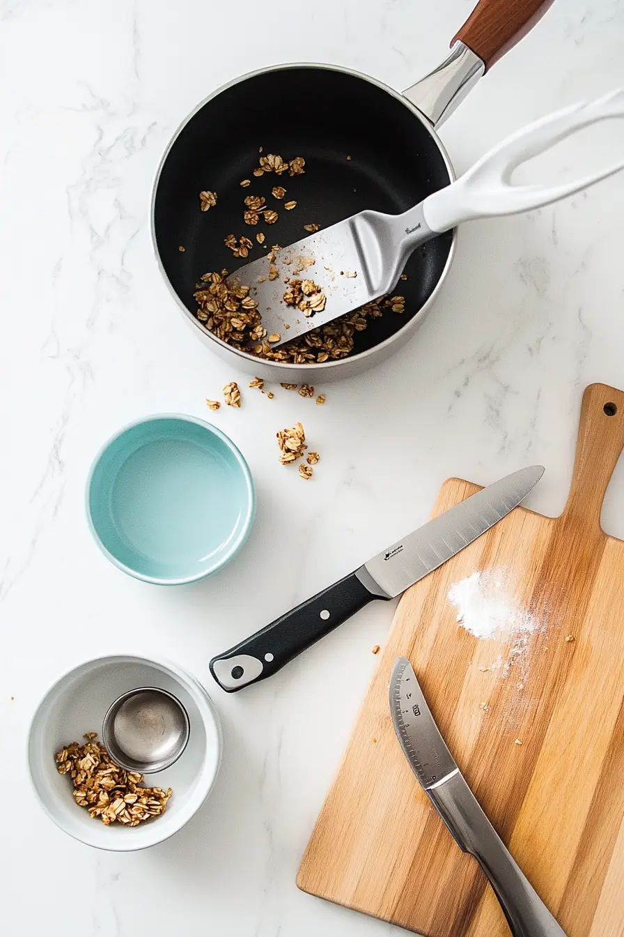 Various kitchen tools and bowls on a marble countertop after making vanilla almond granola.