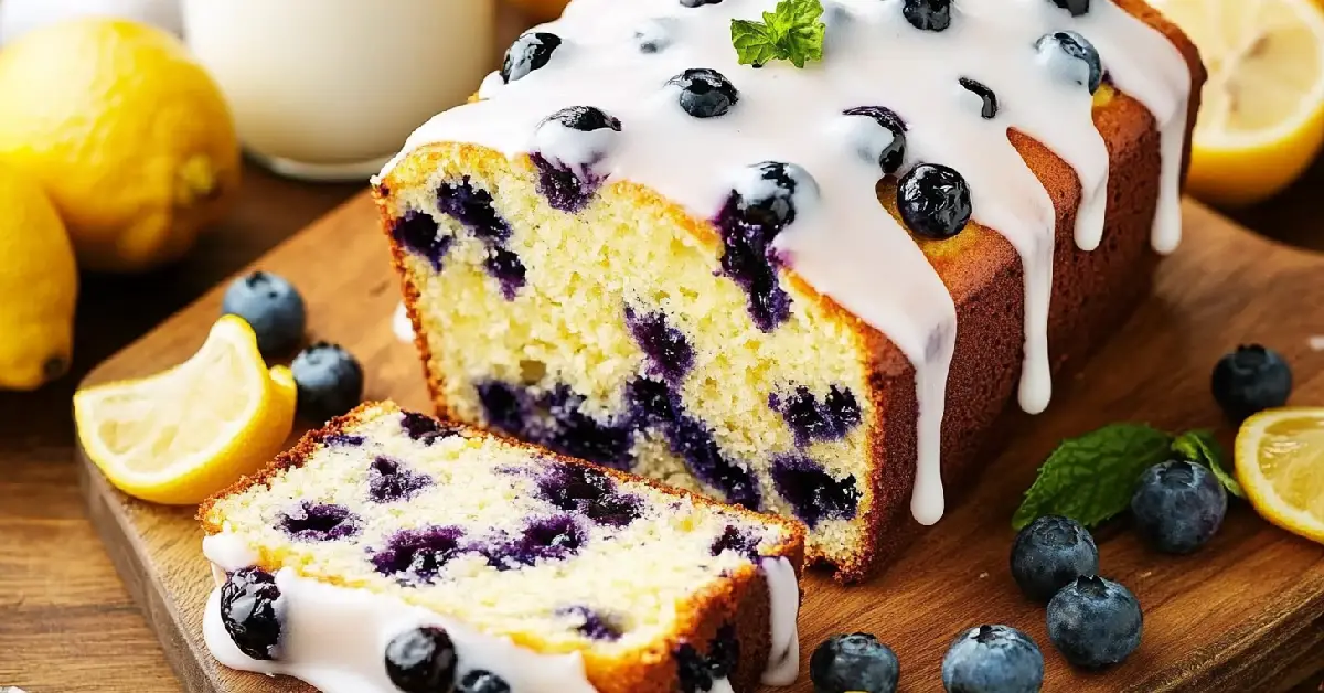 Moist Lemon Blueberry Loaf with White Icing Drizzle on Wooden Board