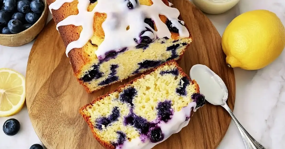 Golden Lemon Blueberry Loaf with Icing Drizzle on Rustic Wooden Board