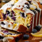 Freshly Baked Lemon Blueberry Drizzle Loaf on Rustic Wooden Board