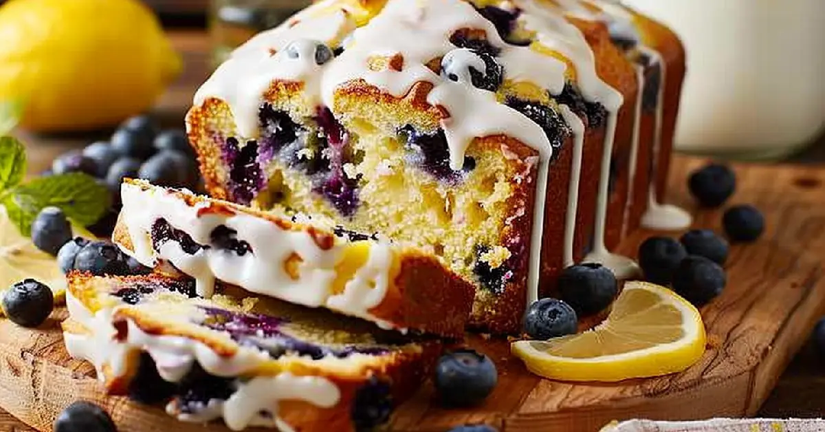 Freshly Baked Lemon Blueberry Drizzle Loaf on Rustic Wooden Board