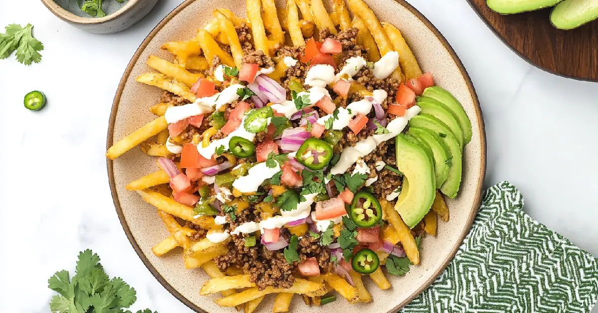 Cheesy Loaded Taco Fries with Avocado and Jalapeños