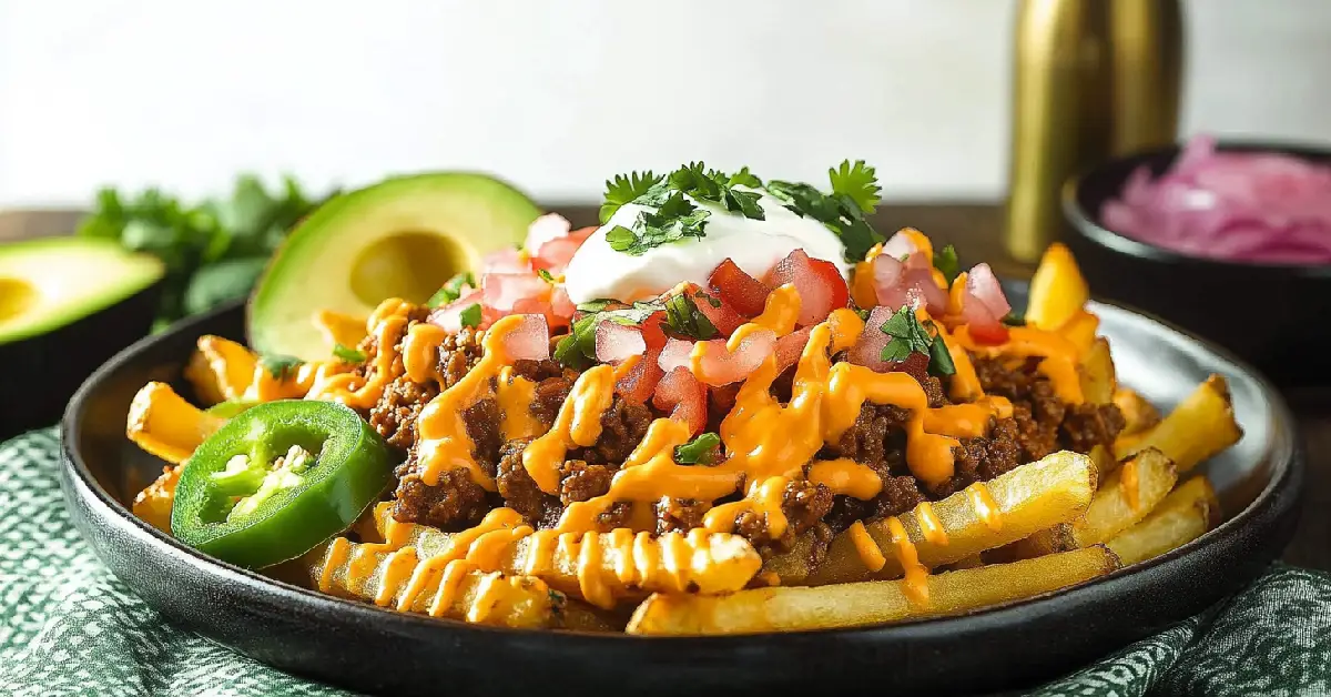 Gourmet Loaded Taco Fries with Avocado and Cheddar Drizzle