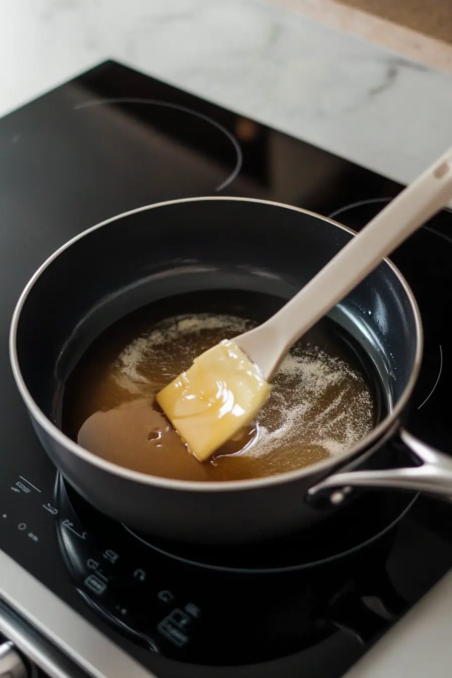 Melted honey, butter, and brown sugar being stirred in a saucepan on a stovetop.