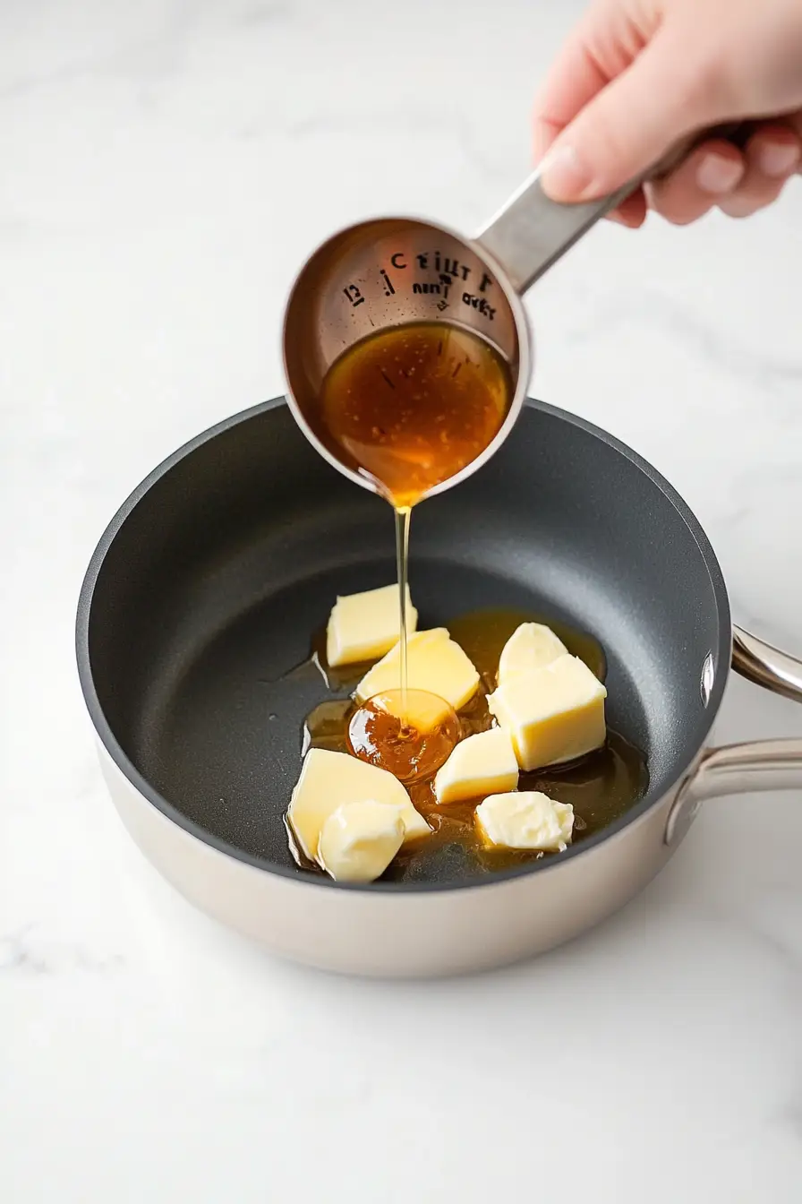 Hand pouring honey into a saucepan with butter chunks inside, on a marble countertop