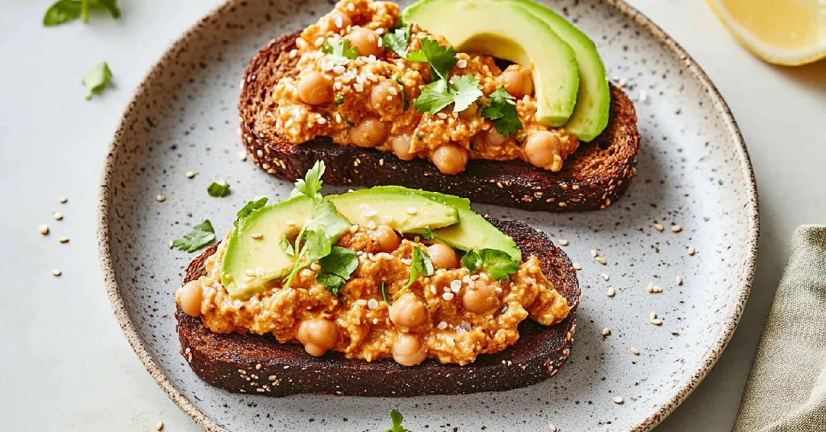 Spicy Chickpea & Avocado Toast on Rustic Plate with Lemon & Seeds