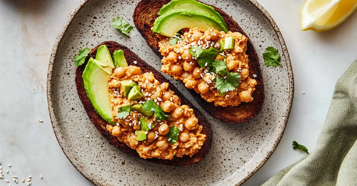 Spicy Chickpea Salad & Avocado Toast on Rustic Plate with Lemon & Seeds