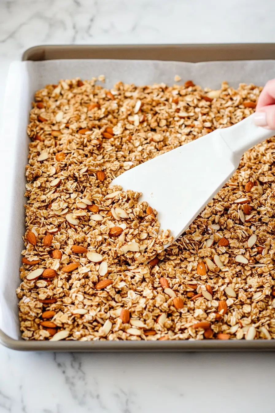 Spreading granola mixture on a baking sheet with parchment paper using a spatula.