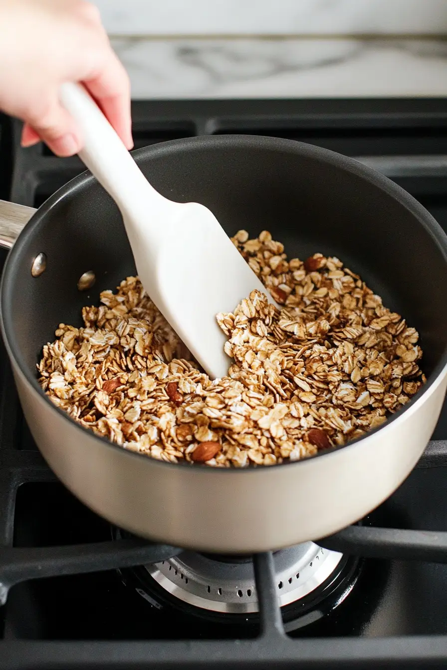 Stirring oats and granola mixture in a saucepan with a white spatula on a stovetop