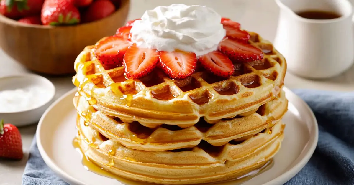 Golden Belgian Waffles with Fresh Strawberries and Whipped Cream