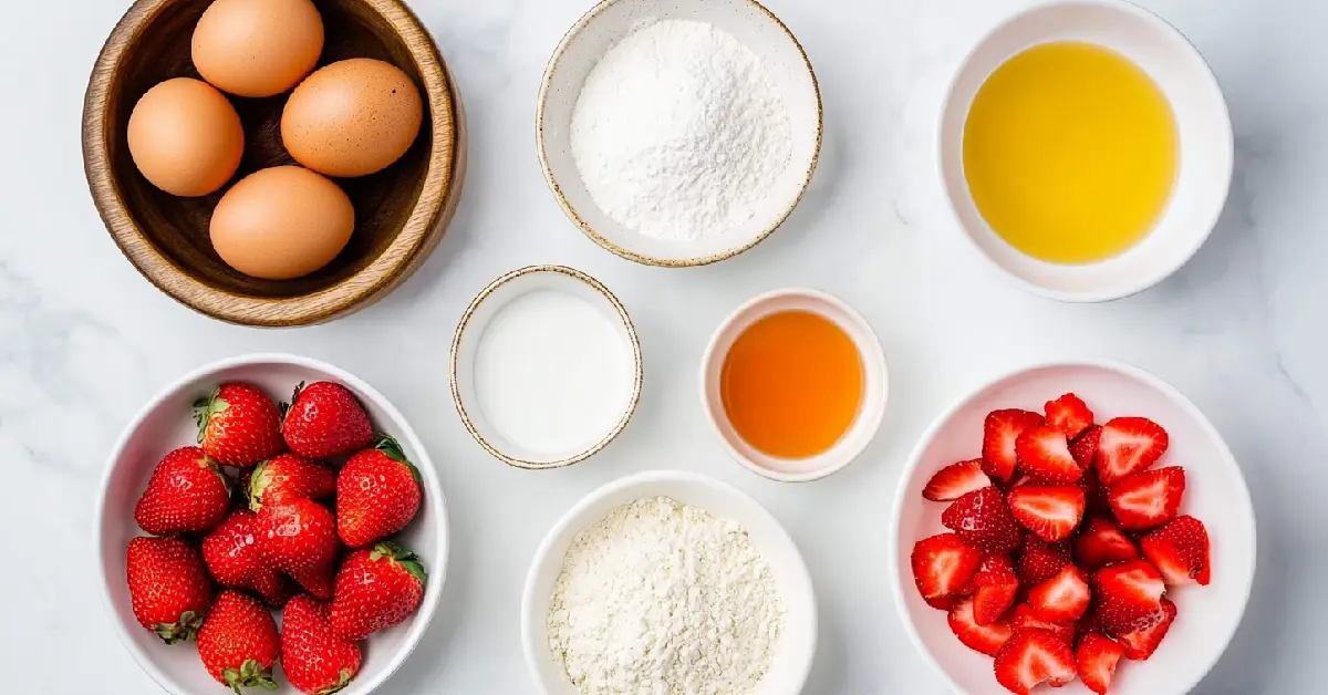 Ingredients for Homemade Strawberry Waffles on Marble Counter