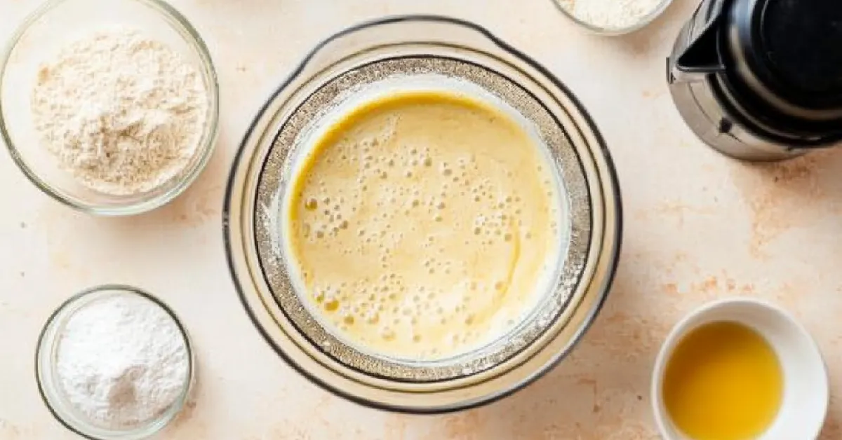 Swedish Pancake Batter in Blender with Ingredients on a Neutral Background