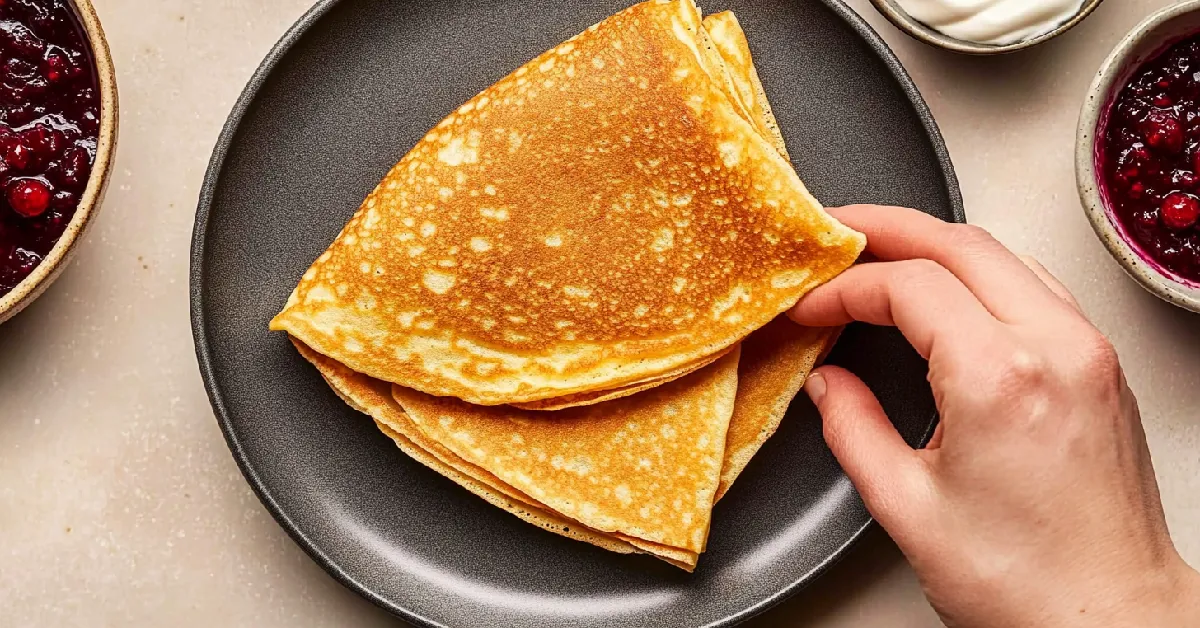 Hand Placing a Folded Swedish Pancake on a Dark Plate