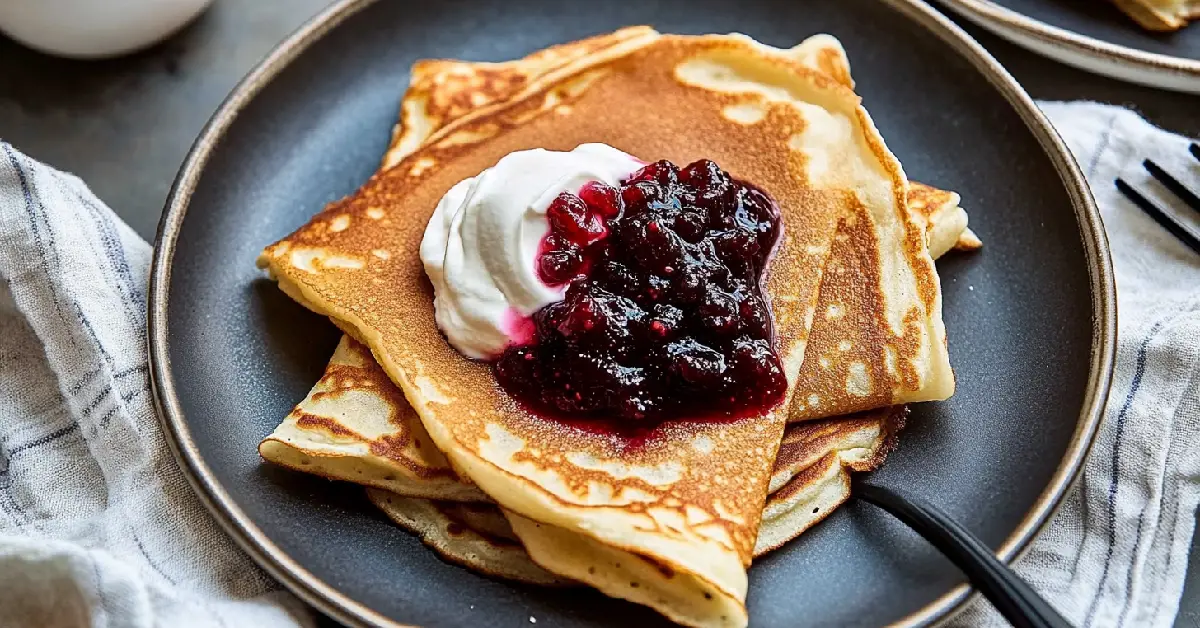 Golden Swedish Pancakes with Cream and Lingonberry Jam on a Rustic Plate