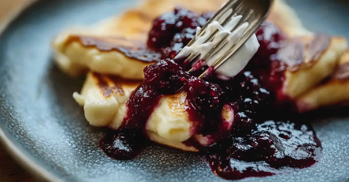 Close-Up of Swedish Pancakes with Lingonberry Jam and Cream