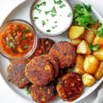 Spicy Tofu Patties with Roasted Potatoes and Chutney Dipping