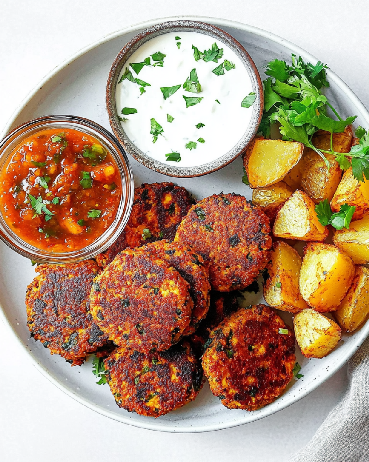 Spicy Tofu Patties with Roasted Potatoes and Chutney Dipping