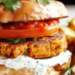 Spicy Tofu Burger with Roasted Potatoes and Cilantro Garnish