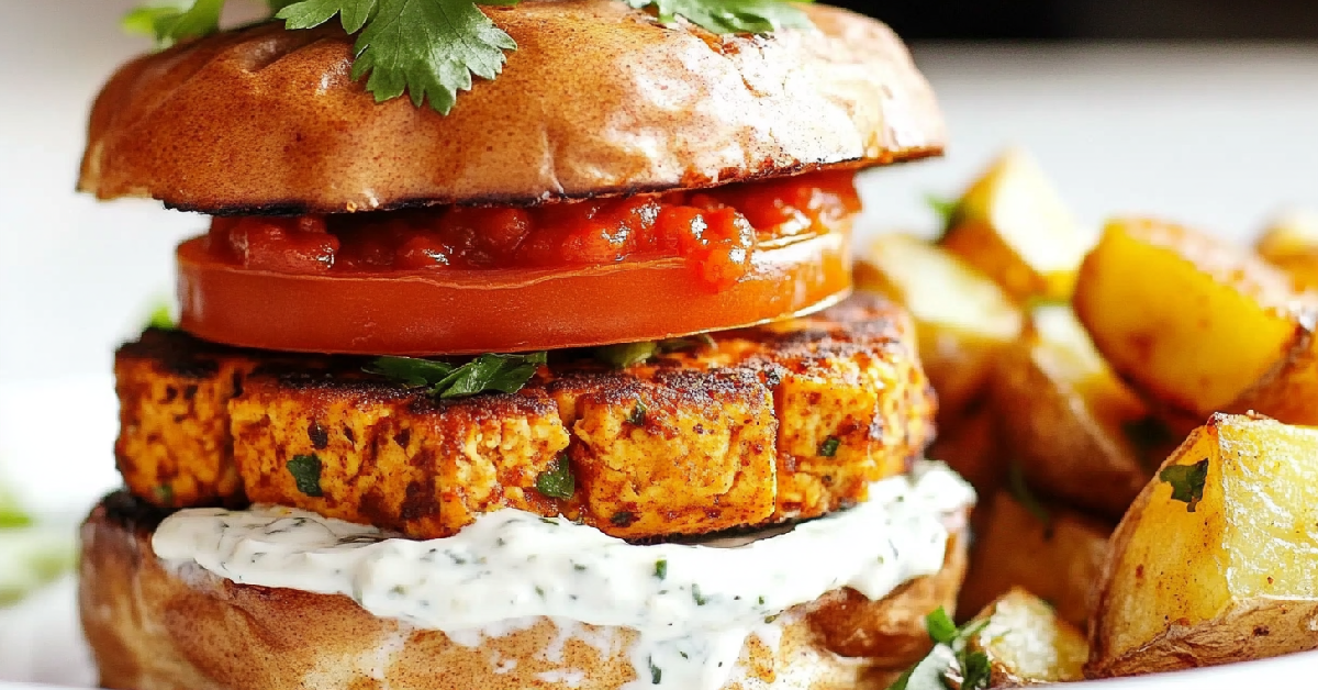 Spicy Tofu Burger with Roasted Potatoes and Cilantro Garnish