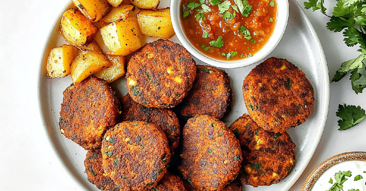 Spicy Tofu Patties with Roasted Potatoes and Chutney Dipping Sauce